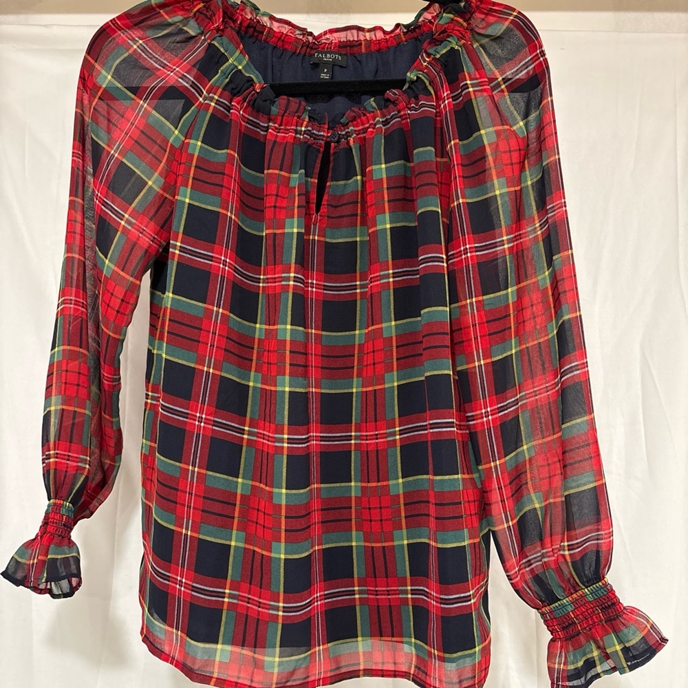 Talbots Red, Green and black Plaid Off-Shoulder Peasant Blouse